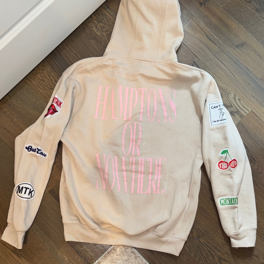 Beige Hamptons Hoodie with Pink Graphic Text
